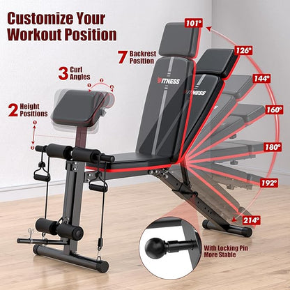 XDDIAS Adjustable Weight Bench, Workout Bench with Leg Extension and Preacher Curl Pad, Weight Bench for Home Gym, Foldable Exercise Bench, Quick Adjustment Incline Bench Press