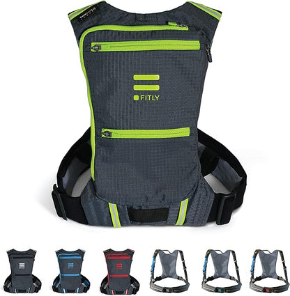 FITLY Minimalist Running Pack - Fitness Backpack Phone Holder, Storage, Thoracic Belt - Carry Personal Items - Running Gear for Men & Women - Lightweight Hydration Water Backpack