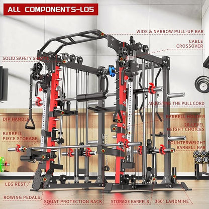 Multi-Purpose Squat Rack,Smith Machine Weight Rack Set with Cable Crossover System, Home Gym Power Racks, Power Racks and Packages