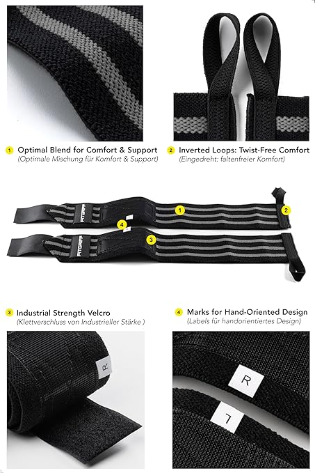 Fitgriff® Wrist Wraps for Weightlifting (18") Heavy-Duty Support for Gym, Bench Press, and Pushups (1 Pair) - for Men and Women (Black/Grey)