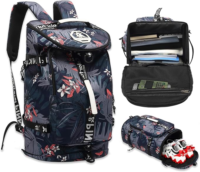 Floral gym duffel bag backpack, fashion wrestling bag,with shoe compartment, 4 kinds of back method waterproof travel sports walking laptop Lightweight (A-Floral Blue)