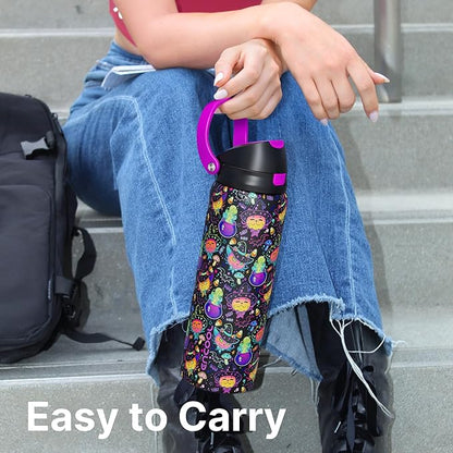 Encool SwiftSip Insulated Stainless Steel Water Bottle with Straw - Leak Proof Sports Water Bottle for School, Travel, Keeps Cold All Day, One-Touch Flip Lid, BPA-Free, 24 oz, Meowgic Night