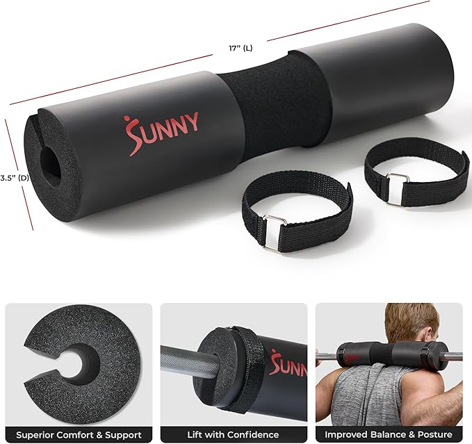 Sunny Health & Fitness 60-Inch Chrome Barbell Bar or High-Density Foam Barbell Pad – Strength Training Gear for Squats, Deadlifts, Hip Thrusts, Bench Press, Lunges & Full-Body Home Gym Workouts
