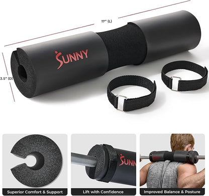 Sunny Health & Fitness 60-Inch Chrome Barbell Bar or High-Density Foam Barbell Pad – Strength Training Gear for Squats, Deadlifts, Hip Thrusts, Bench Press, Lunges & Full-Body Home Gym Workouts