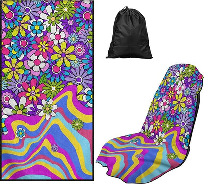Bulopur Hippie Floral Beach Towel Car Seat Covers Front Seats Breathable Sweat Towel Car Seat Cover for Post Gym Workout Surfing Swimming Running Yoga Blankets