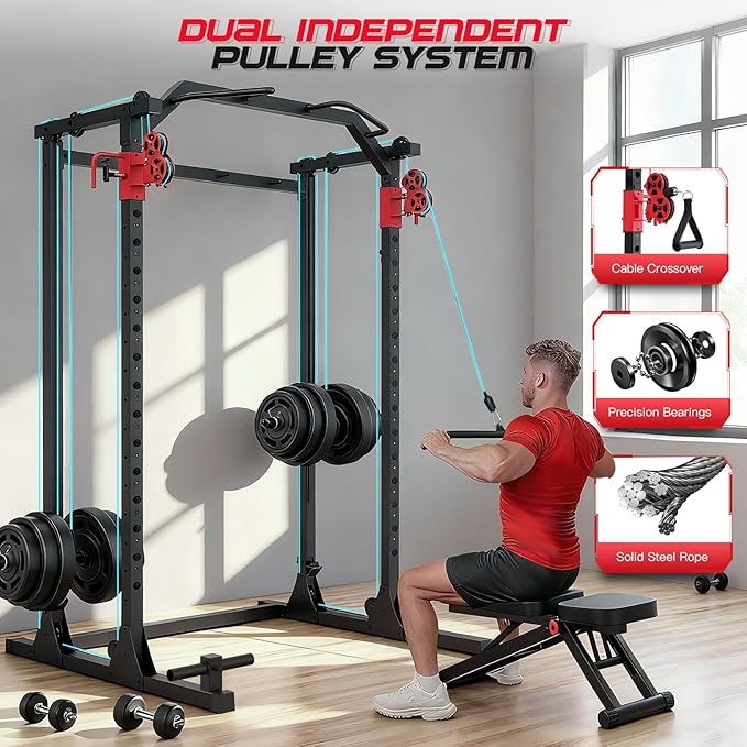OPPSDECOR Power Cage, 2000LBS Squat Rack with Dual Pulley Cable Crossover System, Multifunctional Power Rack with More Training Attachments for Home Gym, Weight Cage Fits Compact Space