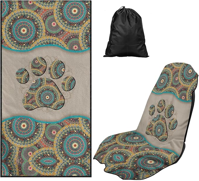 Bulopur Removable Car Sweat Towel Front Seat Cover Boho Dog Paw Bucket Car Towel Seat Cover for Post Gym Workout Running Swimming Each and Hiking