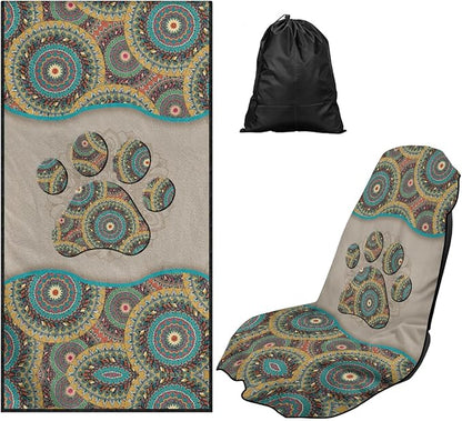 Bulopur Removable Car Sweat Towel Front Seat Cover Boho Dog Paw Bucket Car Towel Seat Cover for Post Gym Workout Running Swimming Each and Hiking