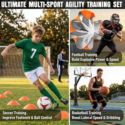 Agility Ladder, Agility Speed Training Equipment Set, 20ft Speed Ladder, 12 Soccer Cones, 4 Hurdles, Jump Rope, Running Parachute, Soccer Football Basketball Training Equipment Accessories