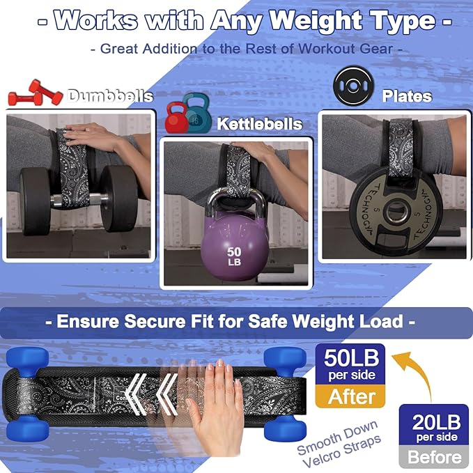 Hip Thrust Belt - Adjustable Fitness Belt for Dumbbells, Kettlebells, Plates - Support Up to 100 lbs - For Glute Workouts at Home Gym - Gifts Ideas for Women, Black