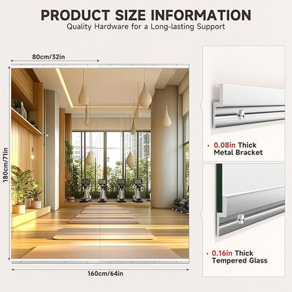 Home Gym Mirror, 71" x 32", 2PCS Large Full Body Mirror for Yoga, Silver Shatterproof Frameless HD Tempered Glass, Wall-Mounted Wall Mirrors for Home Gym, Workout, Garage, Dance Studio