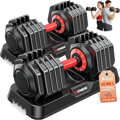 XDDIAS Adjustable Dumbbell Set of 2, 25/55/80/90LB Dumbbell Set- 1-Hand Fast Adjustment with Anti-Slip Handle, Compact Free Weights Dumbbells Set for Men/Women Home Gym Strength Training Equipment