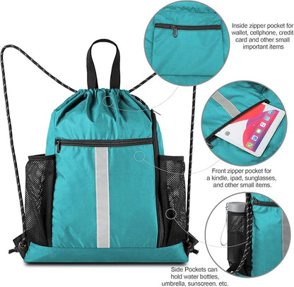 BeeGreen Teal String Backpack Bag Cinch Sack with Shoe Compartment and Two Zipper Pockets and Two Side Mesh Pockets Lightweight Large Drawstring Gym Sackpack for Men and Women