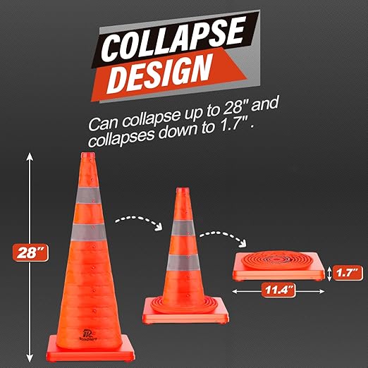RoadHero 28 Inch 4 Pack Collapsible Traffic Safety Cones, Multi Purpose Pop-up Cones with Reflective Collar for Road Safety, Orange Cones for Driving Training, Parking Lots