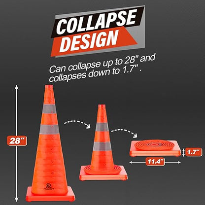 RoadHero 28 Inch 6 Pack Collapsible Traffic Safety Cones, Multi Purpose Pop-up Cones with Reflective Collar for Road Safety, Orange Cones for Driving Training, Parking Lots