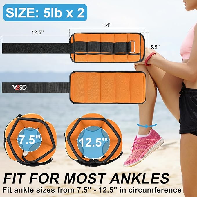 VBSD Adjustable Ankle Weights for Men Women, 2 4 6 8 10 lbs 1 Pair Leg Weight Straps, Weighted Ankle Weight Set with Removable Sandbags for Walking Running Yoga Physical Therapy Gym Home Workout