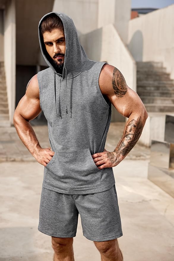 COOFANDY Mens Sleeveless Workout Hoodie Shorts Set 2 Piece Outfits Hooded Tank Tops Gym Tracksuit Sweatsuits