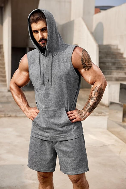 COOFANDY Mens Sleeveless Workout Hoodie Shorts Set 2 Piece Outfits Hooded Tank Tops Gym Tracksuit Sweatsuits