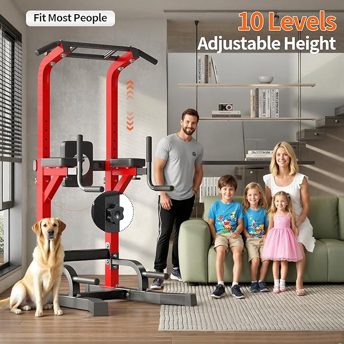 SogesPower Multi-Function Power Tower Pull Up Bar Station Pull Up Dip Station for Home Gym, 10-Level Adjustable Height Pull Up Bar Stand Dip Bar Strength Training Workout Equipment