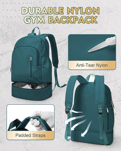 Gym Backpack for Women Men, Lightweight Gym Bag with Shoe Compartment, Waterproof Sports Backpack with Wet Pocket, Peacock Blue