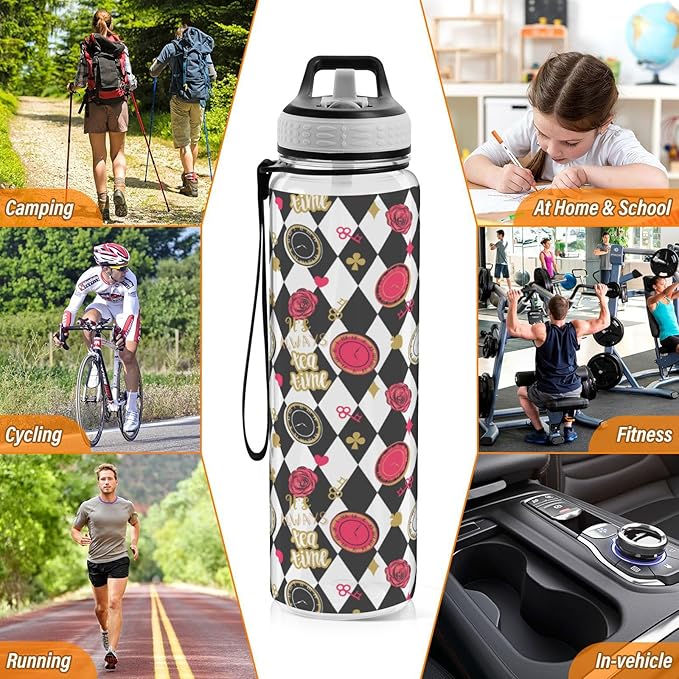 Fustylead Alice Chess Board 32oz BPA Free Water Bottle, Leak-proof Bottle with Carrying Strap, Clear Sports Bottle for Running Cycling Camping