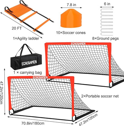 Kids Soccer Goals for Backyard, 2 of 6 x 4 ft Kids Soccer Goal Set Soccer Net with 10 Soccer Cones, Agility Ladder & Carry Bag, Portable Soccer Training Equipment.