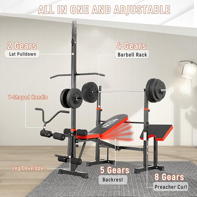 Foldable 1500LBS 8 in 1 Olympic Weight Bench Set with Leg Extension/Curl, Adjustable Weight Bench for Men & Women Full Body Workout, Bench Press with Preacher Curl（US Stock）