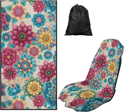 Bulopur Boho Mandala Floral Sweat Proof Towel for Car Seat Soft Comfortable Car Seat Towel Front Seats Cover After Gym Beach Yoga Workout Removable Bohemian Automotive Accessories