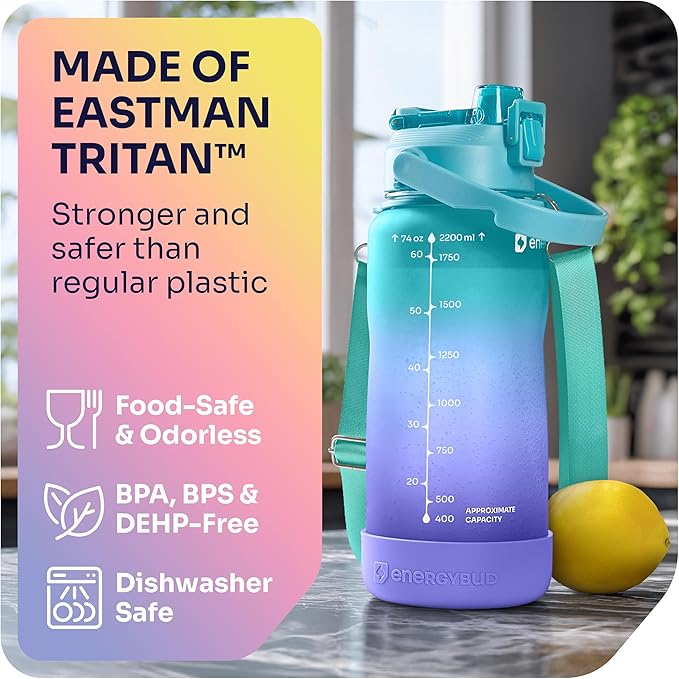 1/2 Gallon Water Bottle with 74.3 oz Capacity - Motivational Time Markers for Daily Hydration Goals - Leakproof BPA Free Tritan with Removable Straw