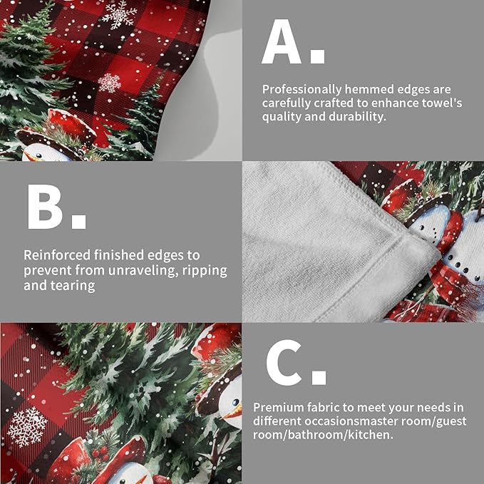 Xmas Snowman Small Bathroom Towels Set Merry Christma Black Red Buffalo Plaid Hand Towels Winter Trees Holiday Kitchen Dish Towels Absorbent Fingertip Towel for Hotel Beach Gym Spa 28x14 inch