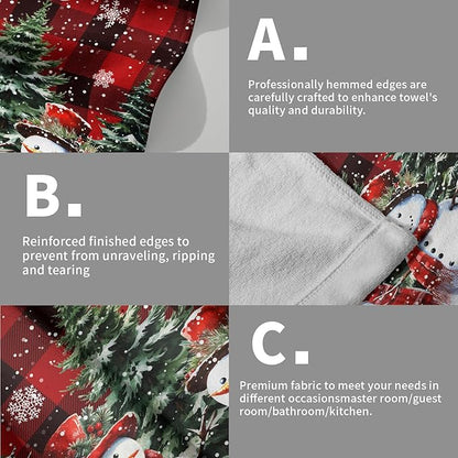 Xmas Snowman Small Bathroom Towels Set Merry Christma Black Red Buffalo Plaid Hand Towels Winter Trees Holiday Kitchen Dish Towels Absorbent Fingertip Towel for Hotel Beach Gym Spa 28x14 inch