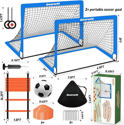 Bearwill Soccer Goal, Kids Soccer Goals for Backyard Set of 2, 4x3ft Portable Soccer Goal Pop Up Soccer Net, Kids Soccer Net Training Equipment with Soccer Ball, Ladder, Cones, Targets