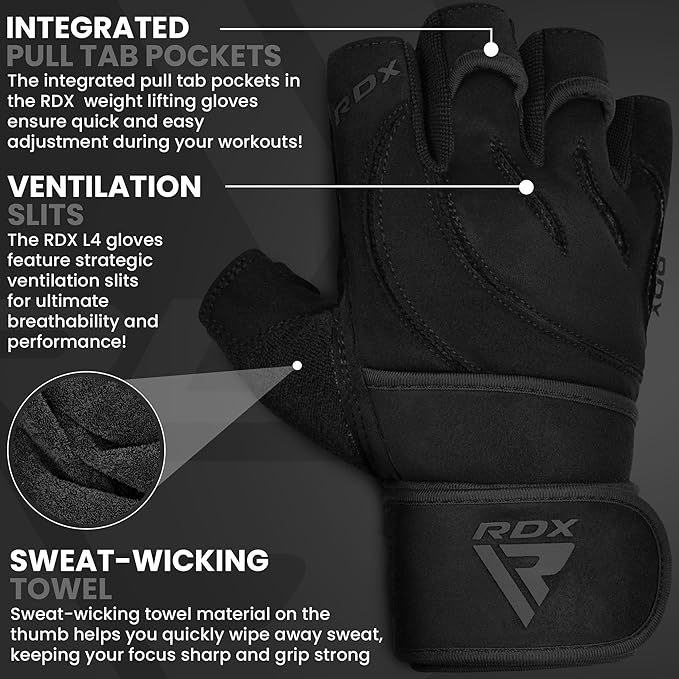 RDX Weight Lifting Workout Gloves with Wrist Support, 50 CM Long Wrist Straps, Anti Slip Padded Palm, Breathable Gym Grip for Fitness Training Powerlifting, Men Women Bodybuilding Exercise