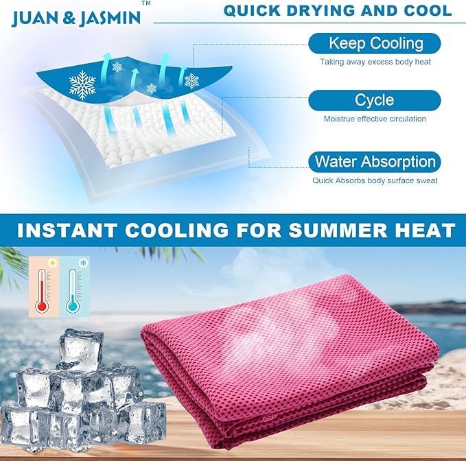 JUAN & JASMIN 2 Pack Cooling Towels (19.5"x15"), Soft Breathable Chilly Towels, Super Absorbent, Ice Wraps, Towels-Ideal for Hiking, Running, Workout, Gym, Dancing, Camping, Fitness (Red)