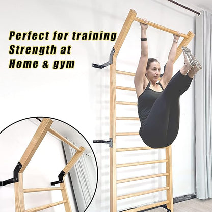 Swedish Ladder,Gymnastics Stall Bar, Wall Mounted Pull Up Bar- Solid Wood With11 Strategic Rods-86.6 Inches Height, 32 Inches Width, Indoor Gym Workout Yoga