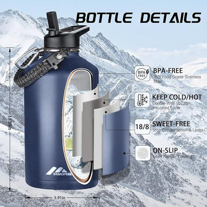 StarSpeed One Gallon Insulated Water Bottle with Straws & 2 Lids, 128oz Stainless Steel Double Walled Vacuum Water Jug, Large Wide Mouth with Paracord Handle for Gym Camping Hiking, Navy Blue