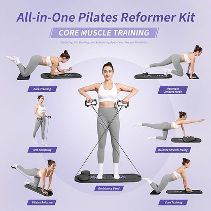 Pilates Board Reformer 15-in-1: Split & Foldable Design, Portable Home Gym with Digital Display, Resistance Bands, Balance Board for Women's Full Body & Core Training