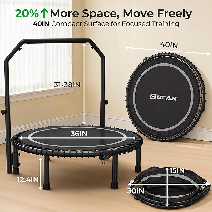 BCAN BT2 450/550LBS Mini Rebounder Trampoline for Adults with Bar, Fitness Trampoline with Bungees, Adjustable Handle, Stable & Quiet, Indoor Outdoor, Whole-Body Workout & Relaxation at Home-40IN/48IN