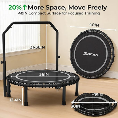 BCAN BT2 450/550LBS Mini Rebounder Trampoline for Adults with Bar, Fitness Trampoline with Bungees, Adjustable Handle, Stable & Quiet, Indoor Outdoor, Whole-Body Workout & Relaxation at Home-40IN/48IN