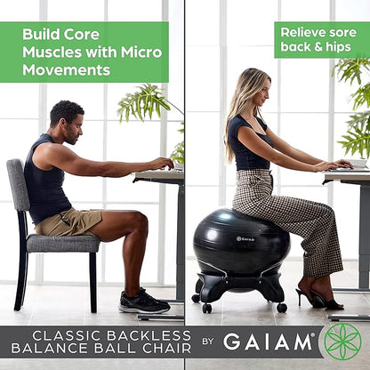 Gaiam Classic Backless Balance Ball Chair – Exercise Stability Yoga Ball Premium Ergonomic Chair for Home and Office Desk with Air Pump, Exercise Guide and Satisfaction Guarantee, Charcoal
