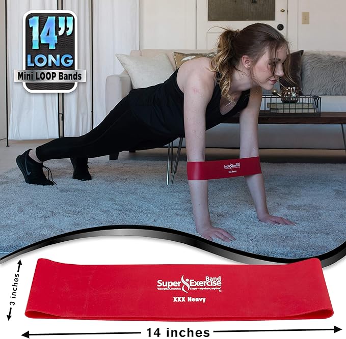 USA 14" x 3" Extra Long Latex Free Mini Loop Bands in 3, 5, 10 Pack Sets. 10 Strengths for Resistance Training, Stretching, Yoga, Toning. Plus an Exclusive iPhone App and E-Book.