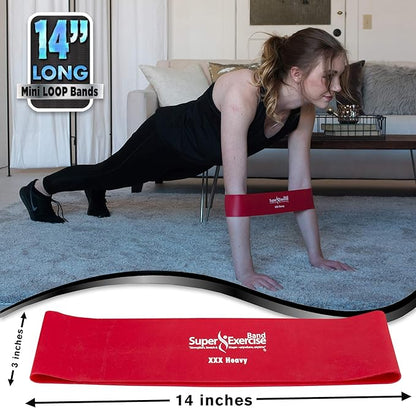USA 14" x 3" Extra Long Latex Free Mini Loop Bands in 3, 5, 10 Pack Sets. 10 Strengths for Resistance Training, Stretching, Yoga, Toning. Plus an Exclusive iPhone App and E-Book.