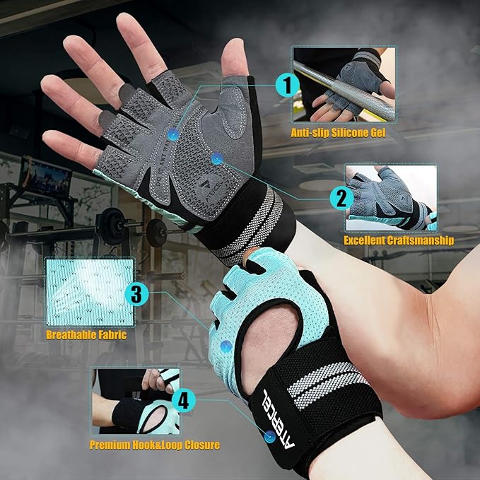 ATERCEL Weight Lifting Gloves Breathable Workout Gloves with Wrist Support for Gym, Exercise, Pull ups, Super Lightweight for Mens and Women, Full Palm Protection