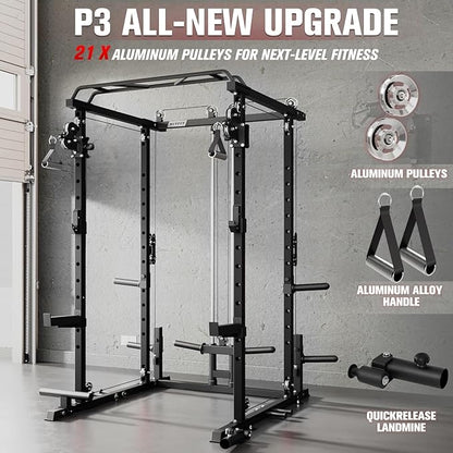 RitFit Multi-Function Garage & Home Gym Package Includes 1200LBS Power Cage PPC03/P3 with Cable Crossover System, Weight Bench, Olympic Barbell Weight Set, Full Body Workout