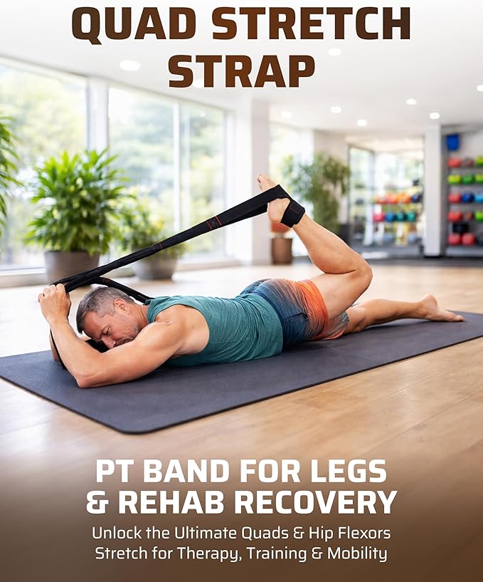 Quad Stretch Strap with Secure Ankle Support – 4-Loop Quad & Hip Flexor Stretch Band for Physical Therapy, Mobility & Post-Workout Recovery, Non-Elastic Leg Stretching Strap for Home & Gym