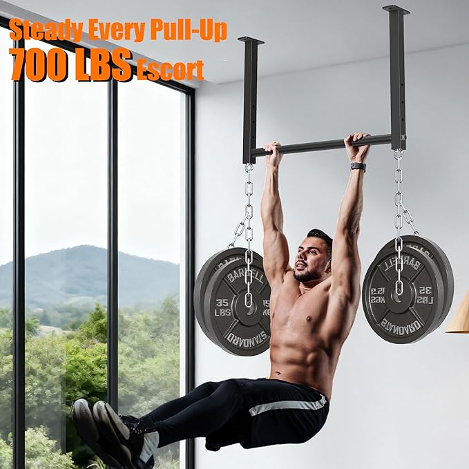 Ceiling Mounted Pull Up Bar, 700 LBS Heavy Duty 4 Adjustable Pull Up Bar, 24" Rafter Pull Up Bars, Ceiling Joist for Garage/Gym/Basement with Comfortable Grip & Round Anchors