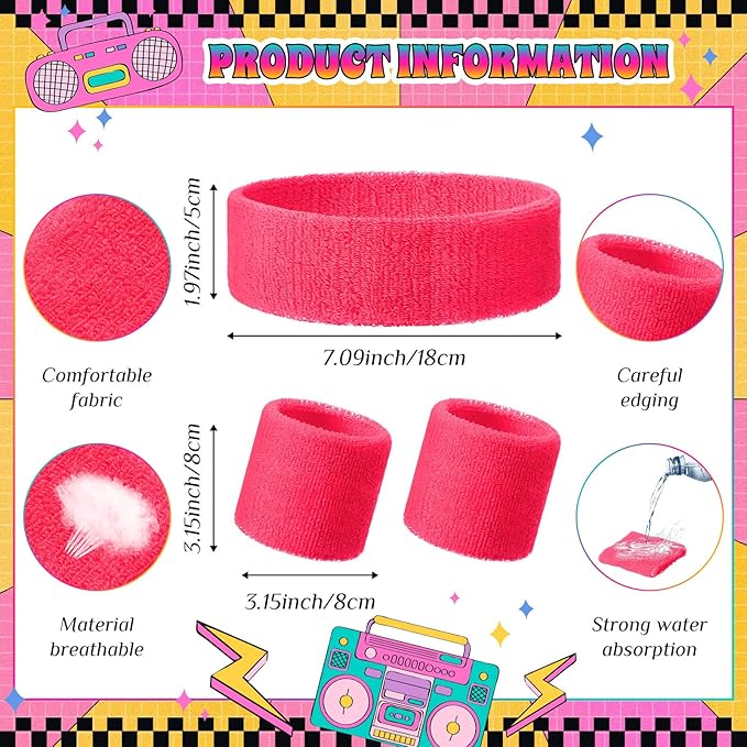 3 Pack Neon Sweatbands Set 80s Wristband and Headband Color War Accessories Sports Sweatbands for Summer Ball Party