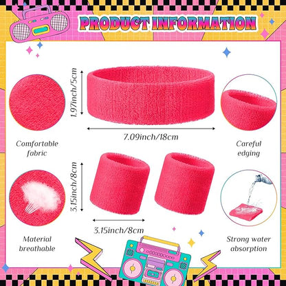 3 Pack Neon Sweatbands Set 80s Wristband and Headband Color War Accessories Sports Sweatbands for Summer Ball Party