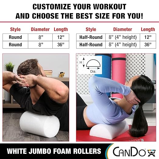 CanDo Jumbo White PE Foam Rollers for Exercise, Fitness, Muscle Restoration, Massage Therapy, Sport Recovery and Physical Therapy for Home, Clinics, Professional Therapy 8" x 12"