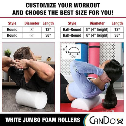 CanDo Jumbo White PE Foam Rollers for Exercise, Fitness, Muscle Restoration, Massage Therapy, Sport Recovery and Physical Therapy for Home, Clinics, Professional Therapy 8" x 12"